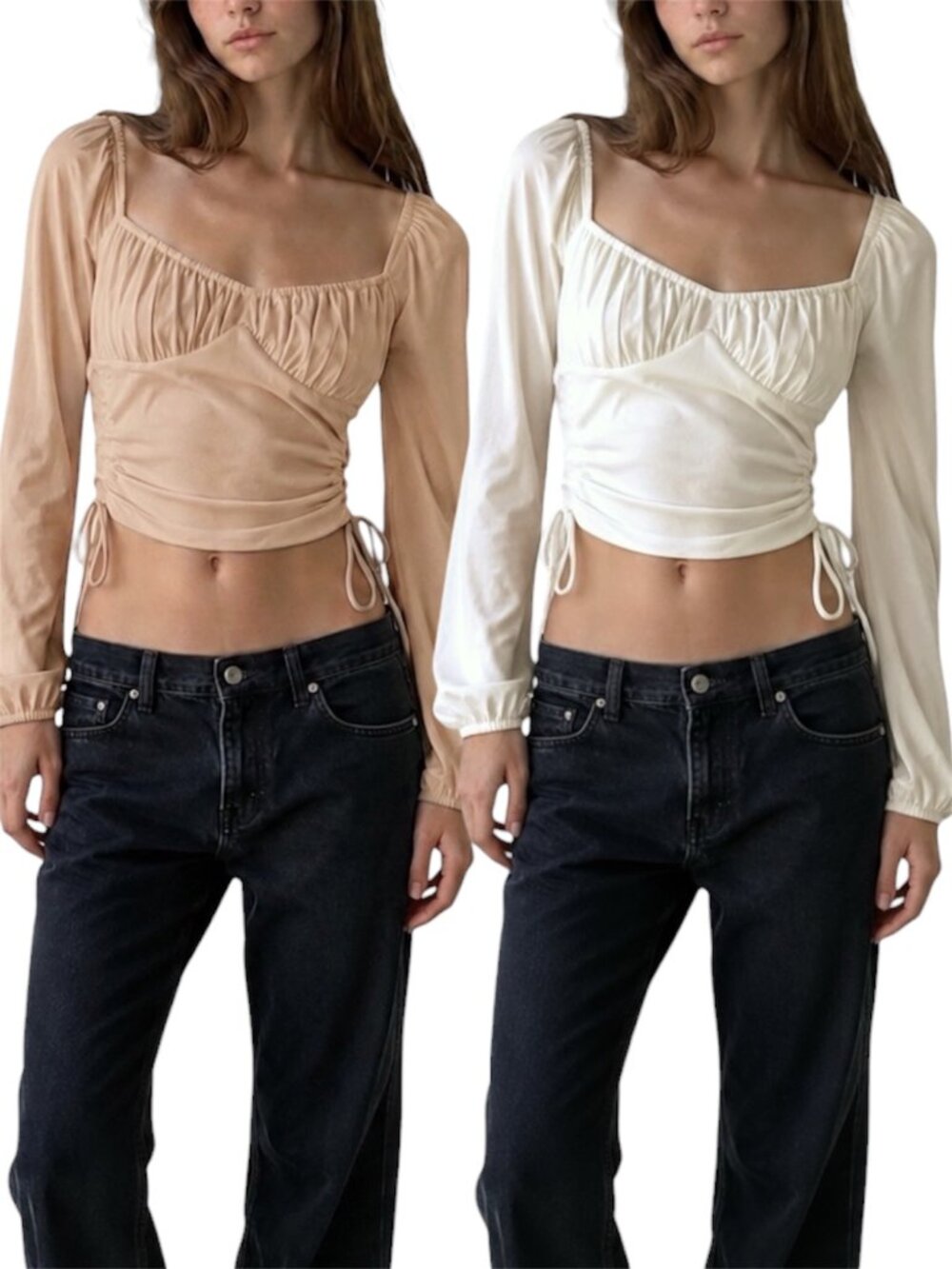Bundle: Size 4 Petal + Pup Ribbed white brown Sweetheart Puff Sleeve Crop Tops